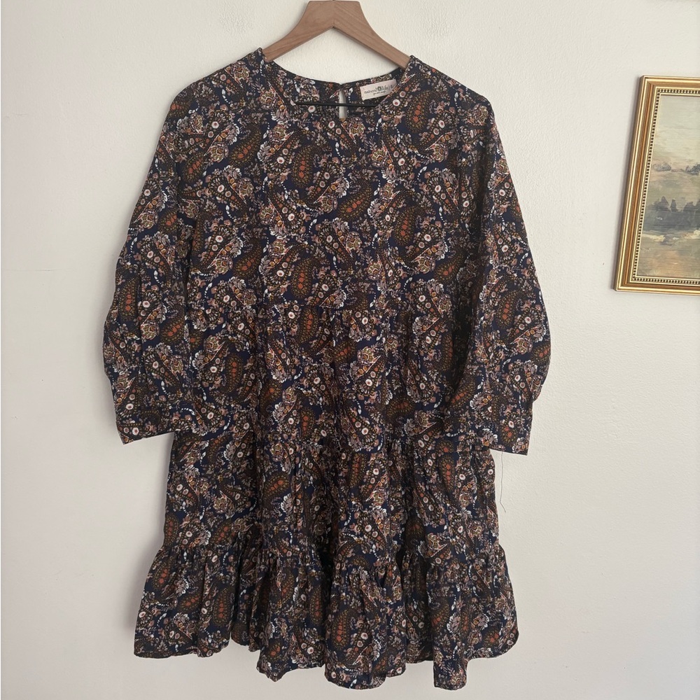 Natural Life Paisley Tiered Long Sleeve Dress Navy Spring Womens Large EUC Boho